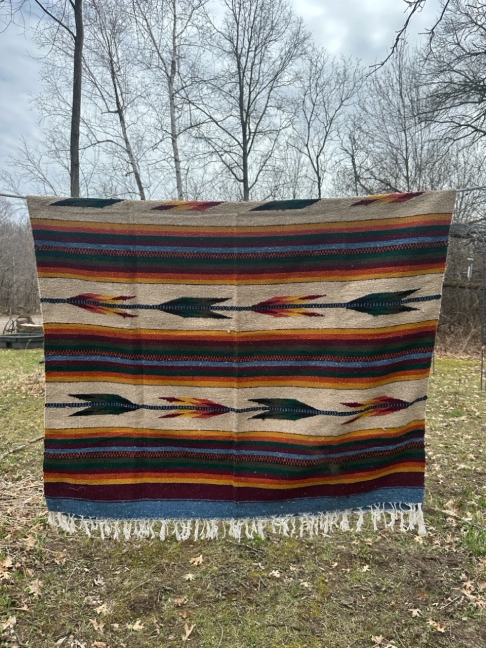 Vintage Southwestern Serape Blanket Throw Arrow Pattern Rustic Fringe Woven - Picture 4 of 4